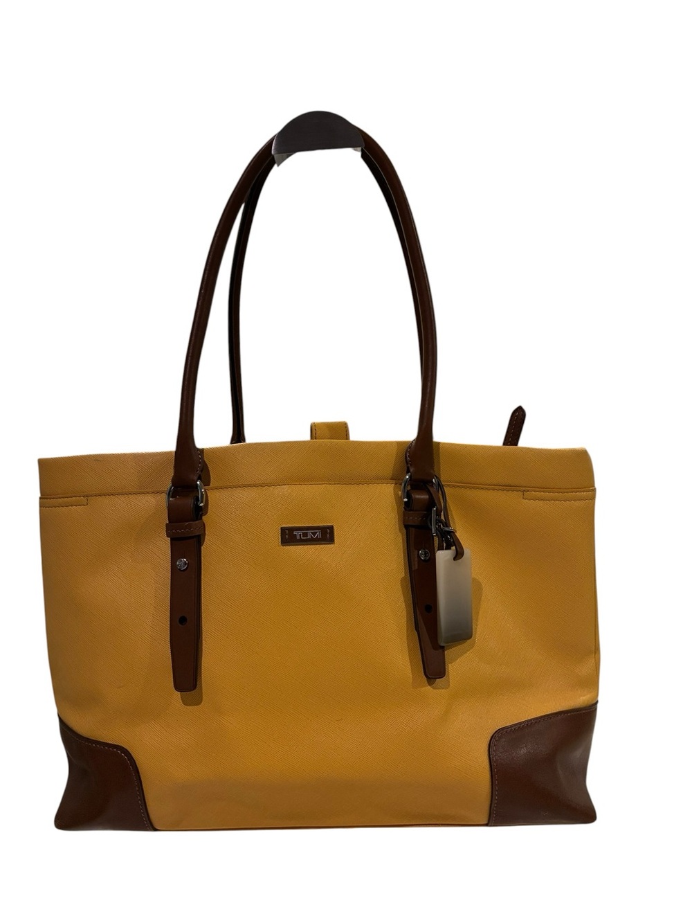 Tumi Yellow Leather Tote with Brown Trim and Handles